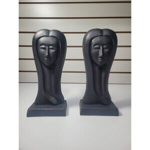 Cast Iron Lady Face Bookends Woman Bust Black Metal Figures